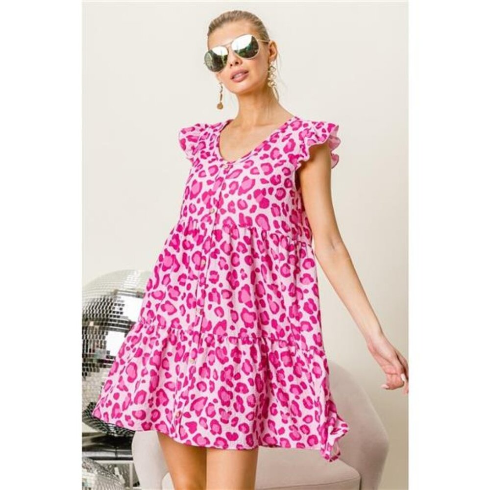 ✨NWT BiBi Leopard Cap Sleeve Tiered Mini‎ Dress - Picture 4 of 6